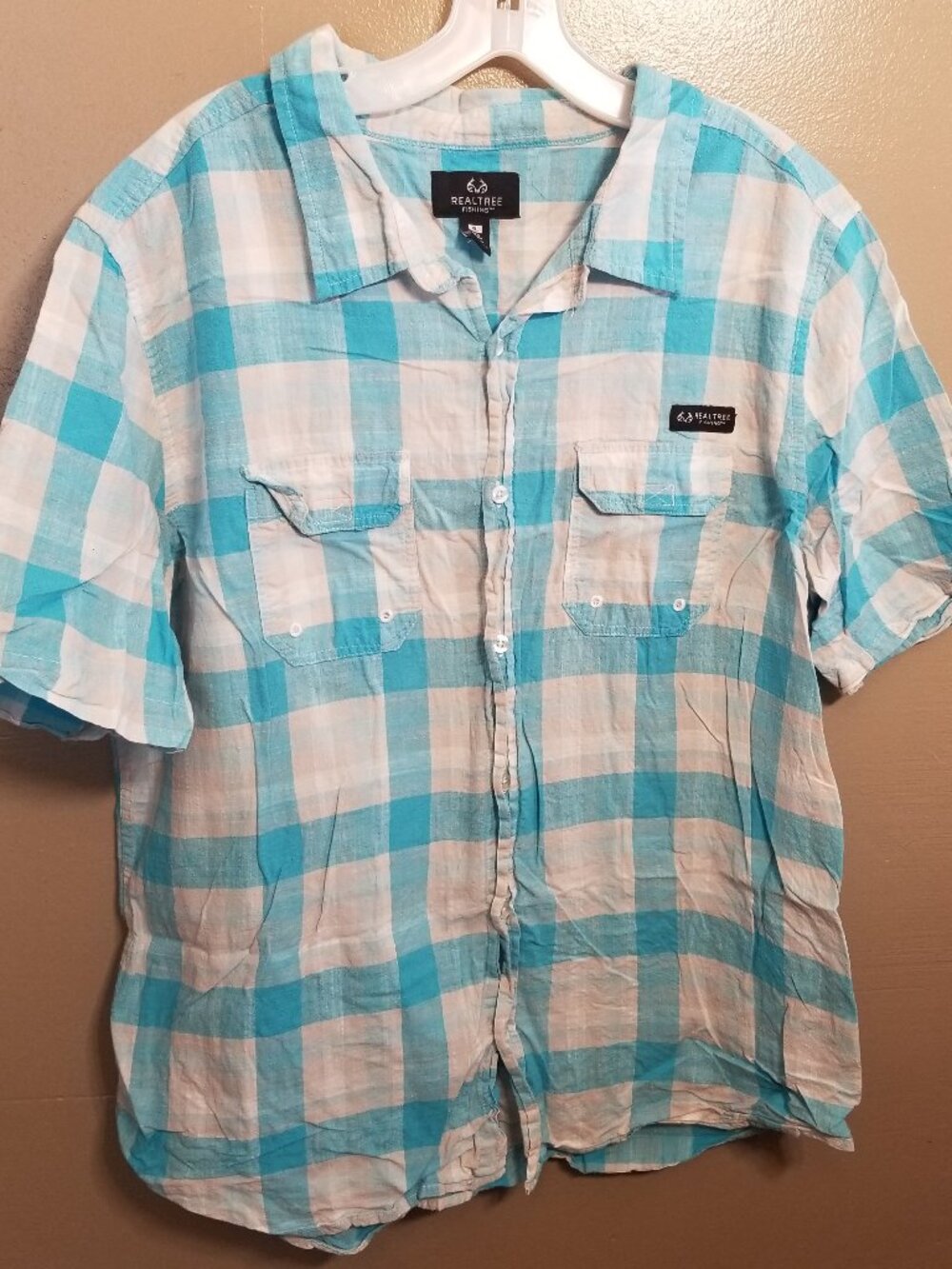 Realtree Fishing Blue / White Plaid Short Sleeve Shirt with Breast Pockets, XL